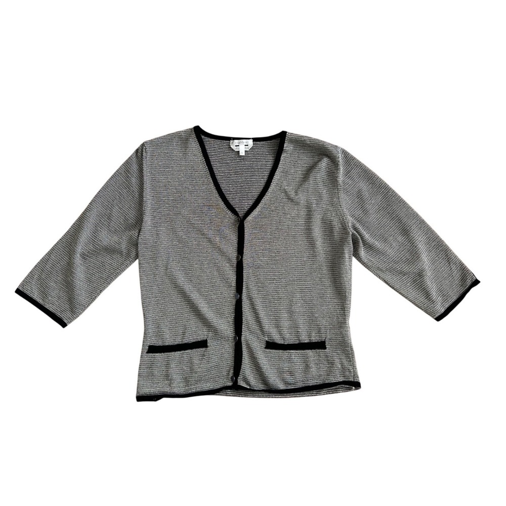 Max Mara Striped Knit Cardigan Black White V-Neck‎ Viscose Italy S pearl Buttons